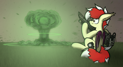 Size: 3000x1638 | Tagged: safe, artist:aaathebap, imported from derpibooru, oc, oc:aaaaaaaaaaa, bat pony, pony, fallout equestria, atomic bomb, fallout, megaspell explosion, nuclear weapon, sitting, solo, weapon, wind