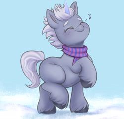 Size: 2066x1985 | Tagged: safe, artist:sallylla, imported from derpibooru, pony, unicorn, alphabetes, alphabittle blossomforth, clothes, colt, colt alphabittle blossomforth, cute, daaaaaaaaaaaw, eyes closed, foal, freckles, g5, happy, hooves, male, prancing, raised hoof, scarf, simple background, smiling, snow, solo, unshorn fetlocks, walking, winter, younger