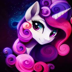 Size: 1024x1024 | Tagged: safe, imported from derpibooru, prompter:zealousmagician, sweetie belle, pony, unicorn, ai content, ai generated, bust, curly hair, curly mane, female, generator:purplesmart.ai, generator:stable diffusion, horn, looking sideways, mare, portrait, smiling, wrong eye color