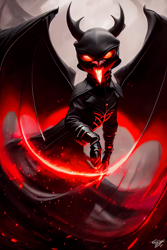 Size: 1408x2112 | Tagged: safe, editor:mr-bat, imported from derpibooru, demon, pony, ai content, ai generated, armor, bat wings, clothes, cloud, dark, dark clouds, embers, fire, generator:stable diffusion, hood, horns, leather, leather armor, open mouth, outfit, pauldron, red eyes, solo, spread wings, trail, wings