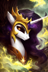 Size: 1408x2112 | Tagged: safe, editor:mr-bat, imported from derpibooru, daybreaker, princess celestia, alicorn, pony, abstract background, ai content, ai generated, angry, armor, breastplate, closed mouth, crown, ears back, ethereal mane, fire, galaxy mane, generator:stable diffusion, horn, jewelry, regalia, solo, sternocleidomastoid, transformation
