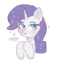 Size: 1091x1173 | Tagged: safe, artist:freyamilk, imported from derpibooru, rarity, pony, unicorn, :p, blushing, bust, female, heart, hooves together, looking away, mare, simple background, solo, tongue out, white background