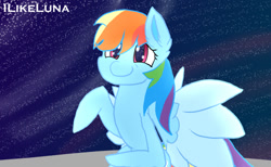 Size: 1000x616 | Tagged: safe, artist:ilikeluna, imported from derpibooru, rainbow dash, pegasus, pony, female, looking at you, mare, sitting, smiling, solo, spread wings, wings