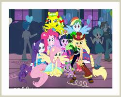 Size: 998x801 | Tagged: safe, artist:ajosterio, edit, edited screencap, imported from derpibooru, screencap, applejack, fluttershy, pinkie pie, rainbow dash, rarity, scott green, spike, tennis match, thunderbass, twilight sparkle, oc, dog, human, equestria girls, equestria girls (movie), ball, boots, clothes, cowboy boots, cowboy hat, dress, fall formal outfits, hat, high heel boots, humane five, humane six, ponied up, shoes, spike the dog, wings