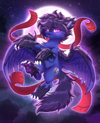 Size: 4582x5610 | Tagged: safe, artist:ask-colorsound, imported from derpibooru, oc, oc only, oc:fenris ebonyglow, original species, pegasus, timber pony, timber wolf, clothes, fangs, full moon, moon, moonlight, night, paw pads, paws, scarf, solo, spread wings, underpaw, wings