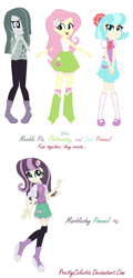 Size: 626x1302 | Tagged: safe, artist:prettycelestia, imported from derpibooru, coco pommel, fluttershy, marble pie, oc, oc:marbleshy pommel, equestria girls, boots, bowtie, clothes, equestria girls-ified, eyeshadow, flower, flower in hair, fusion, fusion:coco pommel, fusion:fluttershy, fusion:marble pie, fusion:marblecocoshy, high heel boots, long socks, makeup, multiple arms, school uniform, shoes, simple background, six arms, socks, the council of shy ponies, thigh highs, trio, white background