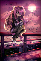 Size: 1725x2586 | Tagged: safe, artist:tweenstrip, imported from derpibooru, fluttershy, anthro, pegasus, clothes, converse, fingerless gloves, gloves, hoodie, railing, shoes, skyline, solo