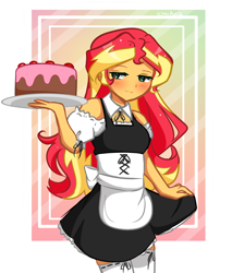 Size: 3448x4041 | Tagged: safe, artist:kittyrosie, imported from derpibooru, sunset shimmer, human, equestria girls, :3, blushing, breasts, cake, clothes, female, food, maid, reasonably sized breasts, socks, solo, thigh highs