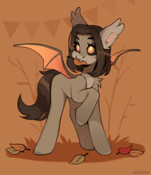 Size: 2595x3000 | Tagged: safe, artist:sugarstar, imported from derpibooru, oc, oc only, bat pony, pony, black sclera, cute, ear fluff, leaf, leaves, mouth hold, solo, spread wings, wings