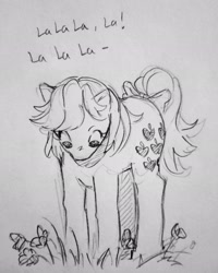 Size: 1641x2048 | Tagged: safe, artist:disc_02, imported from derpibooru, applejack (g1), earth pony, pony, female, flower, g1, grayscale, looking down, mare, monochrome, pencil drawing, solo, traditional art