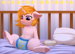 Size: 5571x4077 | Tagged: safe, alternate version, artist:dinoalpaka, imported from derpibooru, oc, oc:starry drop, pony, unicorn, age regression, baby, baby bottle, baby pony, belly button, blushing, crib, diaper, diaper fetish, female, fetish, filly, foal, pillow, solo, stars