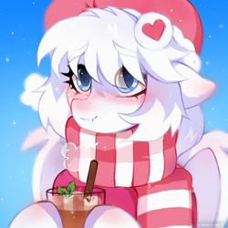 Size: 1500x1500 | Tagged: safe, artist:zlatavector, imported from derpibooru, oc, oc only, oc:afina rye, bat pony, pony, bat pony oc, blushing, chocolate, clothes, commission, drinking straw, female, food, gift art, hot chocolate, mare, outfit, scarf, solo, striped scarf