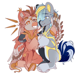 Size: 2500x2400 | Tagged: safe, artist:medkit, imported from derpibooru, oc, oc only, oc:obscure constellation, oc:vespera starshine, bird, earth pony, hybrid, parrot, pegasus, pony, derpibooru community collaboration, 2023 community collab, chest fluff, crescent moon, duo, eyes open, feather, feather tail, female, fluffy, four wings, freckles, hair over one eye, high res, hoof to hoof, horseshoes, hug, long mane, long tail, looking at you, male, mare, moon, multiple wings, paint tool sai 2, partially open wings, pigtails, raised hoof, simple background, sitting, sketch, smiling, spread wings, stallion, stars, sun, tail, tassels, teeth, transparent background, wings