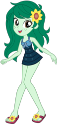 Size: 936x2005 | Tagged: safe, artist:ajosterio, imported from derpibooru, wallflower blush, human, equestria girls, bare shoulders, clothes, clothes swap, feet, female, flower, flower in hair, freckles, legs, open mouth, sandals, simple background, sleeveless, smiling, solo, swimsuit, swimsuit swap, transparent background