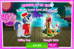 Size: 1957x1297 | Tagged: safe, imported from derpibooru, earth pony, pony, advertisement, balloon, bellhop, bellhop pony, bush, clothes, costs real money, english, gameloft, hat, male, my little pony: magic princess, numbers, official, sale, solo, solo focus, stallion, text, welcome inn