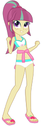 Size: 846x2528 | Tagged: safe, artist:ajosterio, imported from derpibooru, sour sweet, human, equestria girls, bare shoulders, belly button, bikini, bikini bottom, bikini top, clothes, cute, feet, female, freckles, jacket, legs, long sleeves, looking up, midriff, ponytail, simple background, sleeveless, smiling, solo, sourbetes, swimsuit, transparent background