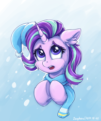 Size: 1000x1200 | Tagged: safe, artist:zeepheru_pone, imported from derpibooru, starlight glimmer, pony, unicorn, cheek fluff, clothes, cute, ear fluff, female, glimmerbetes, hat, mare, open mouth, scarf, simple background, snow, snowfall, solo, winter