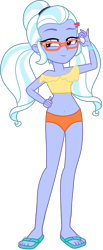 Size: 929x2255 | Tagged: safe, artist:ajosterio, imported from derpibooru, sugarcoat, human, equestria girls, belly button, bikini, bikini bottom, bikini top, clothes, feet, female, glasses, hairpin, hand on hip, legs, midriff, ponytails, sandals, simple background, smiling, solo, swimsuit, transparent background