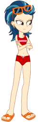 Size: 337x1073 | Tagged: safe, artist:ajosterio, imported from derpibooru, indigo zap, human, equestria girls, belly button, bikini, bikini bottom, bikini top, clothes, crossed arms, cute, ear piercing, earring, feet, female, glasses, jewelry, legs, midriff, piercing, sandals, simple background, sleeveless, smiling, solo, sunglasses, swimsuit, transparent background, zapabetes