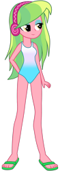 Size: 946x2673 | Tagged: safe, artist:ajosterio, imported from derpibooru, lemon zest, human, equestria girls, bare shoulders, clothes, cute, feet, female, headphones, legs, lidded eyes, sandals, simple background, sleeveless, smiling, solo, swimsuit, transparent background, zestabetes