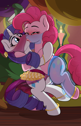 Size: 2310x3570 | Tagged: safe, artist:kyokimute, imported from derpibooru, pinkie pie, rarity, earth pony, pony, unicorn, anklet, belly dancer outfit, bipedal, blushing, bracelet, candle, duo, eyes closed, eyeshadow, female, jewelry, kiss on the lips, kissing, lesbian, lipstick, makeup, mare, raripie, shipping, surprised, veil