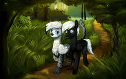 Size: 5763x3615 | Tagged: safe, artist:rvsbhrt, imported from derpibooru, oc, oc only, griffon, pegasus, forest, grass, male and female, path, tree, walking