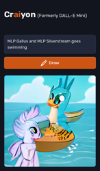 Size: 780x1336 | Tagged: safe, imported from derpibooru, gallus, silverstream, griffon, seapony (g4), ai content, ai generated, boat, cloud, duo, female, gallstream, generator:craiyon, machine learning abomination, male, shipping, sky, straight, swimming, wat, water