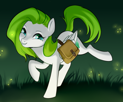 Size: 1486x1230 | Tagged: safe, artist:rvsbhrt, imported from derpibooru, oc, oc only, oc:limon, firefly (insect), insect, pegasus, bag, grass, saddle bag, smiling, solo