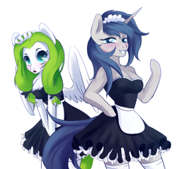 Size: 3688x3527 | Tagged: safe, artist:rvsbhrt, imported from derpibooru, oc, oc only, oc:limon, oc:sky, anthro, unicorn, blue eyes, clothes, female, green eyes, maid, mare, shy, simple background, smiling, socks, white background