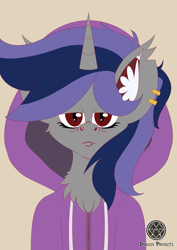 Size: 4961x7016 | Tagged: safe, artist:draconightmarenight, imported from derpibooru, oc, oc only, oc:dreaming star, bat pony, bat pony unicorn, hybrid, pony, undead, unicorn, vampire, vampony, bat pony oc, chest fluff, clothes, colored sketch, dark, ear fluff, ear piercing, earring, hoodie, horn, jewelry, monthly reward, piercing, solo, vampicorn