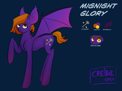 Size: 1600x1200 | Tagged: safe, artist:creida, imported from derpibooru, oc, oc:midnight glory, bat pony, bat pony oc, bat wings, colored wings, cutie mark, gradient background, gradient hooves, gradient mane, gradient tail, gradient wings, reference sheet, simple background, tail, wings