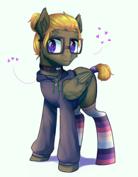 Size: 3872x4952 | Tagged: safe, artist:rvsbhrt, imported from derpibooru, oc, oc only, oc:donnik, pegasus, pony, clothes, collar, commission, glasses, heart, hoodie, jewelry, pendant, smiling, socks, solo, striped socks, ych result