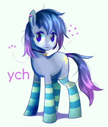 Size: 4482x5232 | Tagged: safe, artist:rvsbhrt, imported from derpibooru, oc, oc only, bell, bell collar, clothes, collar, heart, simple background, socks, solo, striped socks, ych example, your character here