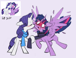 Size: 4006x3072 | Tagged: safe, artist:chub-wub, imported from derpibooru, rarity, twilight sparkle, alicorn, pony, unicorn, blushing, clothes, duo, female, kissing, lesbian, rarilight, redraw, scarf, shipping, simple background, spread wings, twilight sparkle (alicorn), wavy mouth, white background, wings