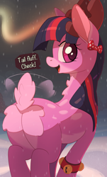 Size: 3024x5000 | Tagged: safe, artist:nookprint, imported from derpibooru, twilight sparkle, deer, deer pony, original species, reindeer, bow, bracelet, butt, cute, deerlight sparkle, high res, jewelry, looking at you, open mouth, plot, rear view, reindeerified, solo, species swap, tail, tail wiggle, twiabetes, twibutt