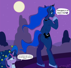 Size: 3050x2917 | Tagged: safe, imported from derpibooru, princess luna, twilight sparkle, alicorn, unicorn, luna eclipsed, bipedal, butt, clothes, costume, crying, eye bulging, eyes on the prize, implied lesbian, implied shipping, implied twiluna, meme, moonbutt, nightmare night costume, plot, speech bubble, star swirl the bearded costume, text, unicorn twilight