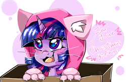 Size: 3035x1990 | Tagged: safe, artist:pozya1007, imported from derpibooru, twilight sparkle, alicorn, pony, unicorn, blushing, box, christmas, clothes, cute, holiday, neko, pony in a box, present, simple background, solo, twilight sparkle (alicorn), white background