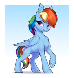 Size: 2800x2950 | Tagged: safe, artist:aquaticvibes, imported from derpibooru, rainbow dash, pegasus, pony, colored hooves, female, folded wings, gradient background, looking at you, mare, raised hoof, smiling, smirk, solo, wings