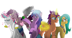 Size: 4200x2220 | Tagged: safe, artist:ectttan, imported from derpibooru, hitch trailblazer, izzy moonbow, pipp petals, sunny starscout, zipp storm, alicorn, earth pony, pegasus, pony, unicorn, ^^, ball, brothers, colored wings, eye clipping through hair, eyes closed, female, folded wings, frown, g5, gradient wings, grin, group, grumpy, harness pathfinder, high res, horn, hug, isaac crestie, izzy's tennis ball, male, male alicorn, mane five (g5), music notes, my little pony: a new generation, one eye closed, open mouth, open smile, pip corolla, quintet, race swap, rule 63, siblings, simple background, singing, sitting, smiling, spread wings, stallion, sun starchaser, sunnycorn, tennis ball, unamused, wall of tags, white background, wings, zip cyclone