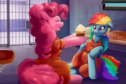 Size: 4096x2731 | Tagged: safe, artist:applephil, imported from derpibooru, pinkie pie, rainbow dash, earth pony, pegasus, pony, clothes, commission, commissioner:rainbowdash69, cupcake, food, jail, jail cell, jumpsuit, never doubt rainbowdash69's involvement, prison, prison outfit, prisoner pp, prisoner rd