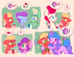 Size: 2200x1700 | Tagged: safe, artist:scribble-potato, imported from derpibooru, izzy moonbow, pipp petals, sprout cloverleaf, zipp storm, pegasus, pony, unicorn, 4 panel comic, alternate hairstyle, comic, cute, dating, exclamation point, eyes closed, female, g5, headband, heart, hooves together, implied pippsprout, implied shipping, implied straight, jewelry, male, mare, one eye closed, open mouth, pegasus royal guard, pictogram, pippsprout, question mark, regalia, royal guard, shipping, sparkles, speech bubble, stallion, straight, sweat, sweatdrops, tapping, thunder flap, unshorn fetlocks, zoom zephyrwing