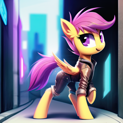 Size: 1280x1280 | Tagged: safe, editor:r-tex1241, imported from derpibooru, scootaloo, pegasus, pony, ai content, ai generated, city, clothes, cyberpunk, denim, denim shorts, generator:novelai, generator:stable diffusion, jacket, jeans, leather, leather jacket, pants, shorts, solo, street, walking, wings