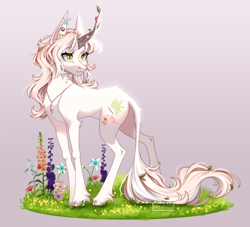 Size: 3000x2728 | Tagged: safe, artist:ohhoneybee, imported from derpibooru, oc, oc:hazel (doekitty), pony, unicorn, butt, female, flower, mare, plot, simple background, solo, wood horn