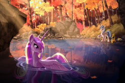 Size: 1844x1215 | Tagged: safe, artist:harwick, imported from derpibooru, princess cadance, shining armor, alicorn, fish, pony, unicorn, armor, beautiful, cottagecore, crepuscular rays, duo, female, forest, husband and wife, leaves, male, mare, reflection, royal guard armor, scenery, scenery porn, shiningcadance, shipping, slim, smiling, stallion, sternocleidomastoid, straight, tree, water, wet, wet mane