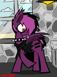 Size: 683x932 | Tagged: safe, artist:xxv4mp_g4z3rxx, imported from derpibooru, oc, oc only, oc:violet valium, bat pony, pony, bat pony oc, clothes, cloud, collar, counter, desaturated, emo, equal cutie mark, eyeliner, hoodie, lamp, makeup, mountain, our town, partially open wings, red eyes, solo, spiked collar, sun, two toned mane, window, wings