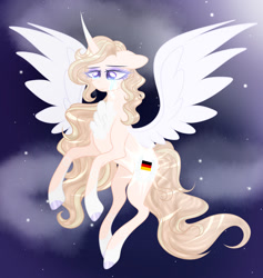 Size: 1024x1079 | Tagged: safe, artist:existencecosmos188, imported from derpibooru, oc, oc only, alicorn, pony, alicorn oc, chest fluff, female, flying, horn, mare, night, solo, stars, wings