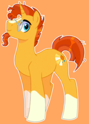 Size: 2955x4096 | Tagged: safe, artist:inayurinai01, imported from derpibooru, sunburst, pony, unicorn, blaze (coat marking), coat markings, facial markings, glasses, male, orange background, simple background, smiling, socks (coat markings), solo, stallion