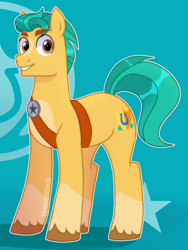 Size: 3072x4096 | Tagged: safe, artist:inayurinai01, imported from derpibooru, hitch trailblazer, earth pony, pony, abstract background, g5, grin, male, raised hoof, smiling, solo, stallion, unshorn fetlocks