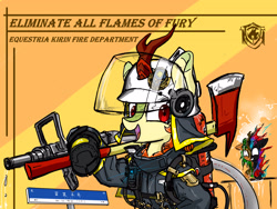 Size: 16535x12402 | Tagged: safe, artist:china consists of them!, imported from derpibooru, kirin, nirik, axe, clothes, duo, firefighter, firefighter helmet, helmet, hose, looking at you, smiling, smiling at you, uniform, urumqi, weapon