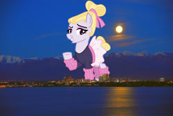 Size: 2048x1371 | Tagged: safe, artist:cheezedoodle96, edit, imported from derpibooru, hoofer steps, earth pony, pony, alaska, anchorage, clothes, female, giant pony, giant/macro earth pony, giantess, grin, highrise ponies, irl, leg warmers, leotard, lidded eyes, looking at you, macro, mare, mega giant, photo, ponies in real life, raised eyebrow, skirt, smiling, solo, tutu